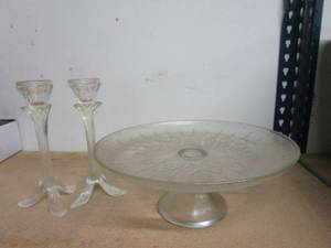 lot 152 image: CRYSTAL GLASS CANDLE HOLDERS &amp CAKE STAND