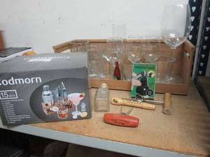 lot 153 image: BOX OF MIXOLOGY ACCESSORIES, WILLIE NELSON SHOTGLASS, VARIOUS DRINKING GLASSES INCLUDING VINTAGE MUGS, CORK SCREW, BOTTLE OPENER &amp SEALER