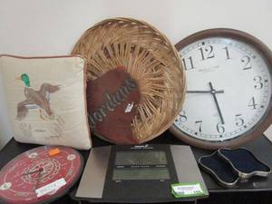 lot 155 image: WALL CLOCKS, WICKER SHALLOW BASKET MADE IN PHILIPPINES, DUCK DECO PILLOW, STEEL COASTERS &amp MORE