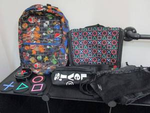 lot 160 image: MARIO BACKPACK, PLAYSTATION THEMED ZIPPER CARRYING BAG, LEVIS FANNY PACK, PLAYSTATION RUBBER COASTERS WTIN, MESH DRAWSTRING BACKPACK