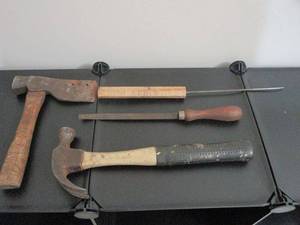 lot 168 image: TOOLS- AXE, PICK, HAMMER, FILE