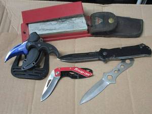 lot 177 image: POCKET KNIFE LOT- SNAP ON POCKET KNIFE, THROWING KNIFE, MTECH KNIFE WBELT CARRYING HARDHSEL CASE, MAXAM MILITARY COMMEMORATIVE KNIFE, SHARPENING STONE