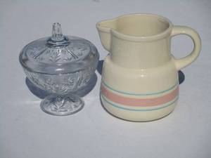 lot 179 image: CRYSTAL GLASS CANDY DISH STAMPED INDONESIA &amp POTTERY PITCHER