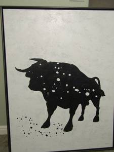 lot 31 image: RETRO BLACK BULL AND NEGATIVE SPACE WHITE ART 49 BY 38 ACRYLIC