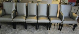 lot 11 image: WILLIAMS GOLD DINING TABLE CHAIRS SILVER UPHOLSTERY WITH DARK BROWN BASE 4 SIDE CHAIRS AND 2 CAPTAIN