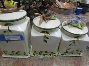 lot 22 image: CANISTER SET CERAMIC WITH FIGURAL BIRD HANDLES   SET OF 3