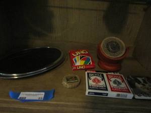 lot 55 image: SHARP CLOCK WITH THEMOMETER,  COASTER SET, DOG COASTER,  UNO AND PLAYING CARDS