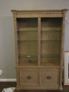 lot 14 image: CREAM WHITEWASH FINISH DISPLAY CABINET  - 6 GLASS SHELVES, BASE STORAGE CARVED DETAILS  82H X 15D X 54W