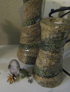 lot 53 image: MOSAIC CANDLE HOLDERS X 2   8 INCHES AND 10 INCHES   WITH A JEWELED FROG PHOTO HOLDER
