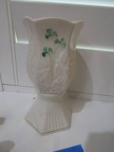 lot 70 image: BELLEEK 2 PIECE CANDLE HOLDER BLACK LABEL GALWAY IRELAND 7IN HEIGHT