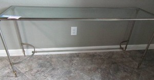 lot 78 image: SOFA TABLE LINEAR CHROME METAL FEET GLASS TOP 60L X 16D X 28H