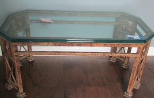 lot 83 image: CRAFTSMAN STYLE TABLE WMETAL BASE AND OCTAGON SHAPE TOP W STAINED GLASS ACCENTS 40 x 20, 19H