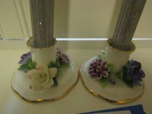 lot 89 image: CROWN FINE CHINA CANDLE HOLDER WITH ROSES CARNATIONS ENGLAND