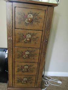 lot 94 image: JEWELRY CASE STANDING CABINET 5 DRAWERS GOLD WITH FLORAL 42 BY 17 BY 12