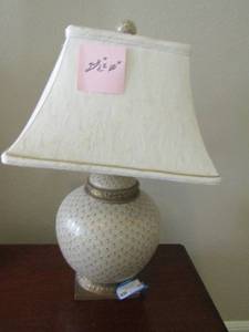 lot 27 image: CERAMIC AND METAL TABLE LAMP W FOULARD DESIGN IN TAN WITH GOLD 23 BY 10