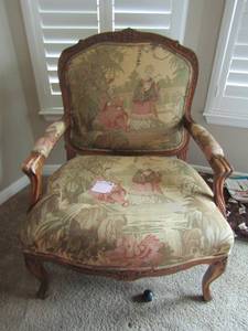lot 7 image: 0VERSIZED FRUITWOOD UPHOLSTERD FAUTEuIL CHAIR ASIAN THEME DCOR FABRIC 40 x 32 x 32 HAS DAMAGE TO ARM