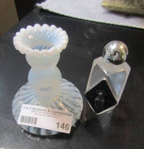 lot 146 image: BLOWN GLASS CANDLE STICK HOLDER,  IMMACULATE 50TH ANNIVERSARY GLASS BOTTLE