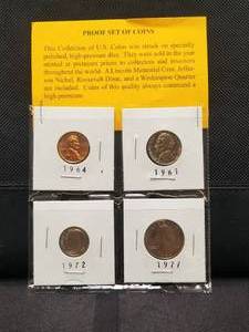 lot 58 image: Proof set of Coins - 1964Penny, 1961Nickel, 1972Dime, and 1977Quarter