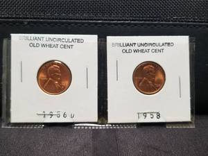 lot 88 image: Wheat Penny - selection of 2 - Brilliant Uncirculated - 1956D and 1958
