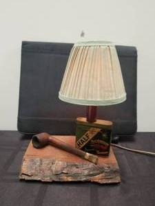 lot 26 image: Vintage Lamp made from wood and a Buckingham Tobacco tin & pipe - works