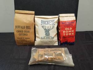 lot 121 image: Tobacciana collectible lot - Vintage tobacco bags - Buffalo Bill. Buckeye, Old Hometown, and Five brothers (not empty)