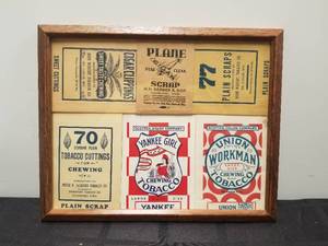 lot 129 image: Framed vintage tobacco labels - 12by15