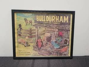 lot 92 image: Framed vintage Bull Durham tobacco advertisement piece - 12by15