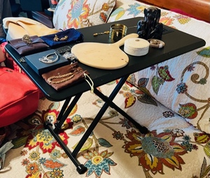 lot 65 image: Black Fold Up Adjustable Bed Desk (contents not included)
