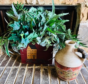 lot 136 image: Decorative Wine Decanter & Decorative Hand Painted Planter wFaux Plants
