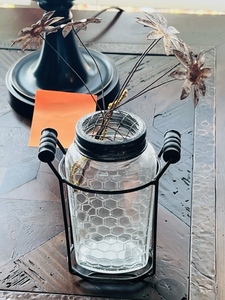 lot 145 image: Decorative Honey Jar wMetal Flowers and Stand