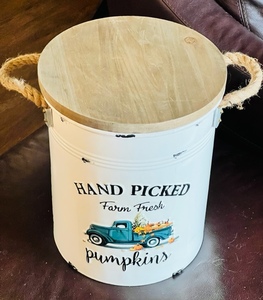 lot 150 image: Metal Hand Picked Pumpkin Bucket Decor wCinnamon Pine Cones