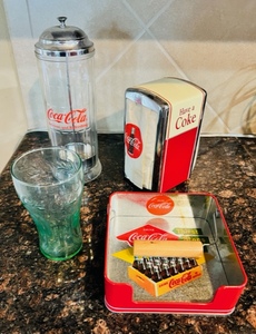 lot 196 image: Lot of 4 - Coca-Cola Napkin DispenserNapkin HolderStraw HolderBeverage Glass