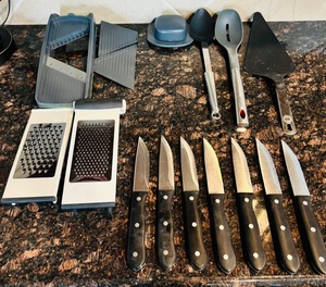 lot 200 image: JA Henckels Steakhouse Stainless Steel Knives (7), Grater, Slicer and other Utensils