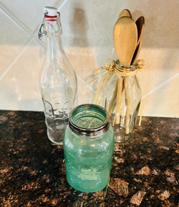 lot 204 image: Lot of 3 - Vintage Milk BottleFlour Vase JarGlass Bottle wStopper