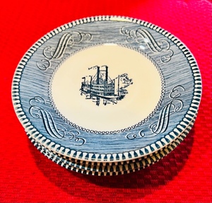 lot 221 image: Set of 6 - Currier & Ives Royal 6 Saucer wSteamboat Design