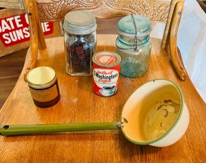 lot 242 image: Lot of 5 - Vintage Ball JarsScented CandleInstant CoffeeMetal Dipper