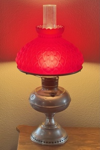 lot 244 image: Vintage Brass Lamp wRed Globe - 23 Tall