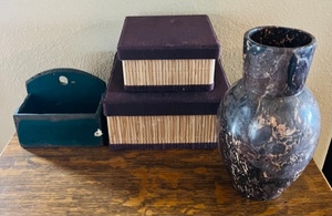 lot 247 image: 2 Bamboo Boxes (8.25x8x4 and 6.38x6.25x3.25) - 9 Marble Vase - Vintage Match Holder&nbsp
