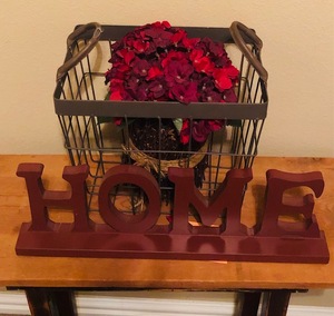 lot 266 image: Home Sign  Metal Basket wFloral Arrangement
