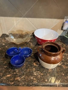 lot 287 image: Blue Rooster Condiment Tray, Depression Ware Fruit Bowl, Holiday Bowl & Honey Pot