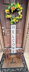 lot 293 image: Front Porch Decorative Bundle- Welcome Sign, Wreath & Iron Art Bird Cages