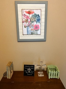 lot 296 image: Seven Piece Decor Set- Picture, Crystal Cross & Candle Holder, Blue Fence, Book Jewelry Boxes & Plaque