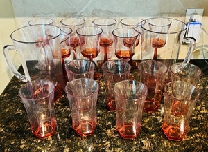 lot 311 image: Clear & Orange Ombre Stemware, Tumblers, & Pitcher Party Set  18 Pieces