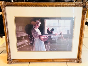 lot 318 image: Ornate Frame-Woman in Hen House Painting- Glass Missing