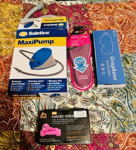 lot 332 image: Air Mattress Pump, Heat Eye Mask, Memory Foam Comfort Shoe Soles & Weights