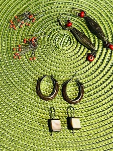 lot 408 image: Four Pairs OF Earrings Red Beaded, Pink Jade, Braided Leather Hoops