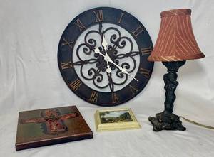 lot 41 image: Wall Clock, Lamp and 2 Pictures