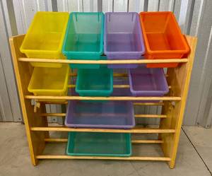 lot 57 image: Kids Wooden Shelf with Bright Colored Storage Bins