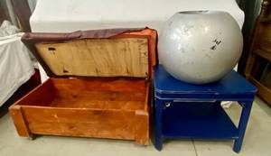 lot 211 image: Wooden Chest on Wheels, Blue Side Table and Large Gray Planter