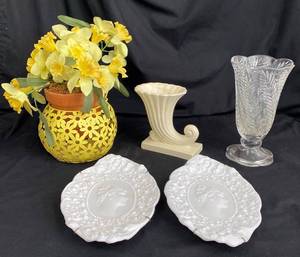 lot 70 image: White Milk Glass Platter with Portrait (2) Yellow Metal Cutout Decorative Flower Arrangement White Decorative Vase Cut glass Decorative Vase